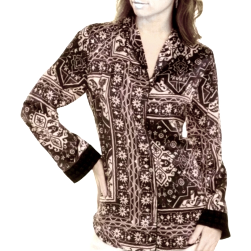 NWT Johnny Was Silk Ophelia Velvet Trim Paisley Lounge Top Black XL